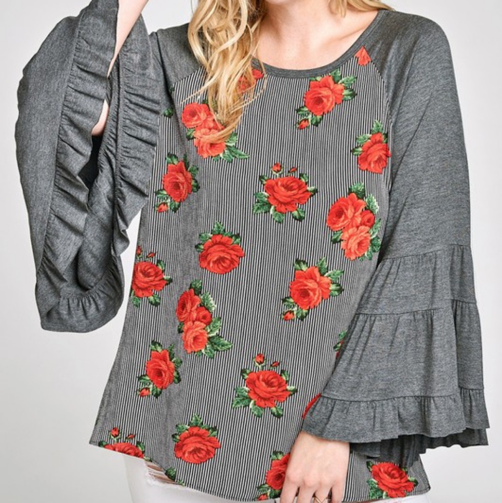 Boho Plus Charcoal Floral Rose Ruffle Bell Top NWT